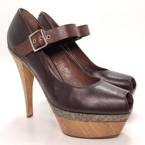 MARNI Scarpa Mary Jane Wood Platform Heel Brown Leather Tweed Pumps EU 37 / US 7